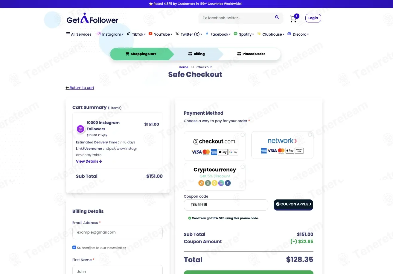 GetAFollower coupon code: 15% off with TENERE15. Tested and valid as 2 weeks ago.