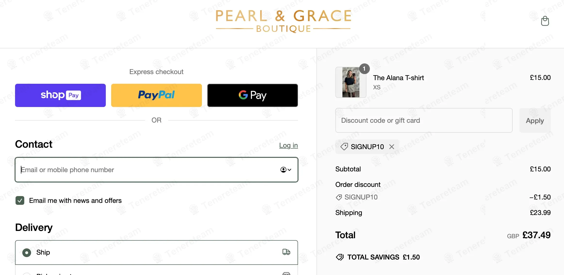 Pearl and Grace Boutique coupon code: 10% off with Signup10. Tested and valid as 1 year ago.
