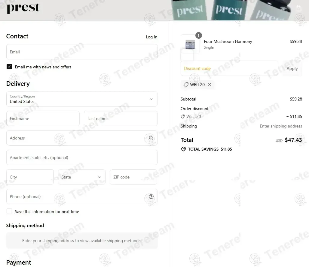 Prest Organics coupon code: 20% off with WELL20. Tested and valid as 1 week ago.