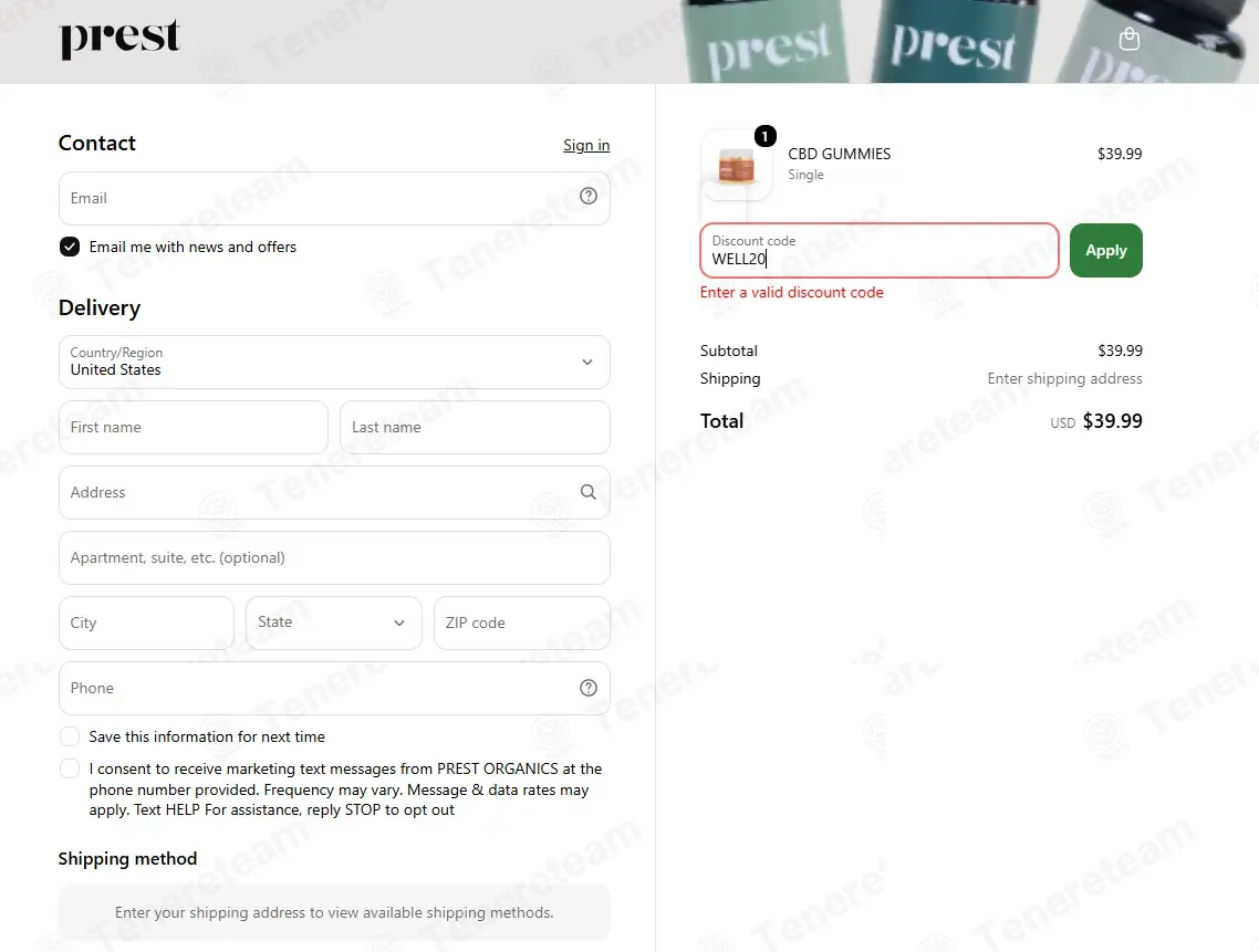 Prest Organics coupon code: 20% off with WELL20. Tested and valid as 1 week ago.
