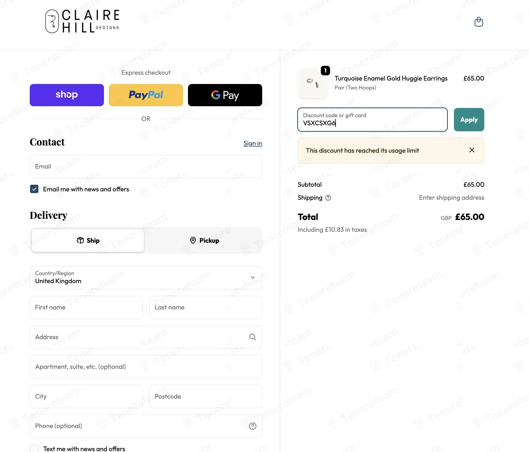 Claire Hill Designs UK coupon code: 10% off with VSXCSXG6. Tested and valid as 3 months ago.