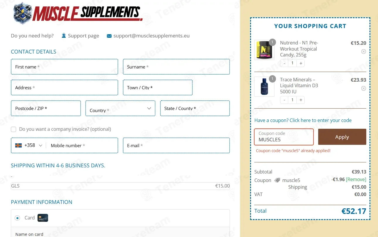 Muscle Supplements EU coupon code: 5% off with muscle5. Tested and valid as 3 months ago.