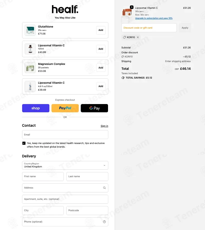 Healf coupon code: 10% off with KORI10. Tested and valid as 1 week ago.