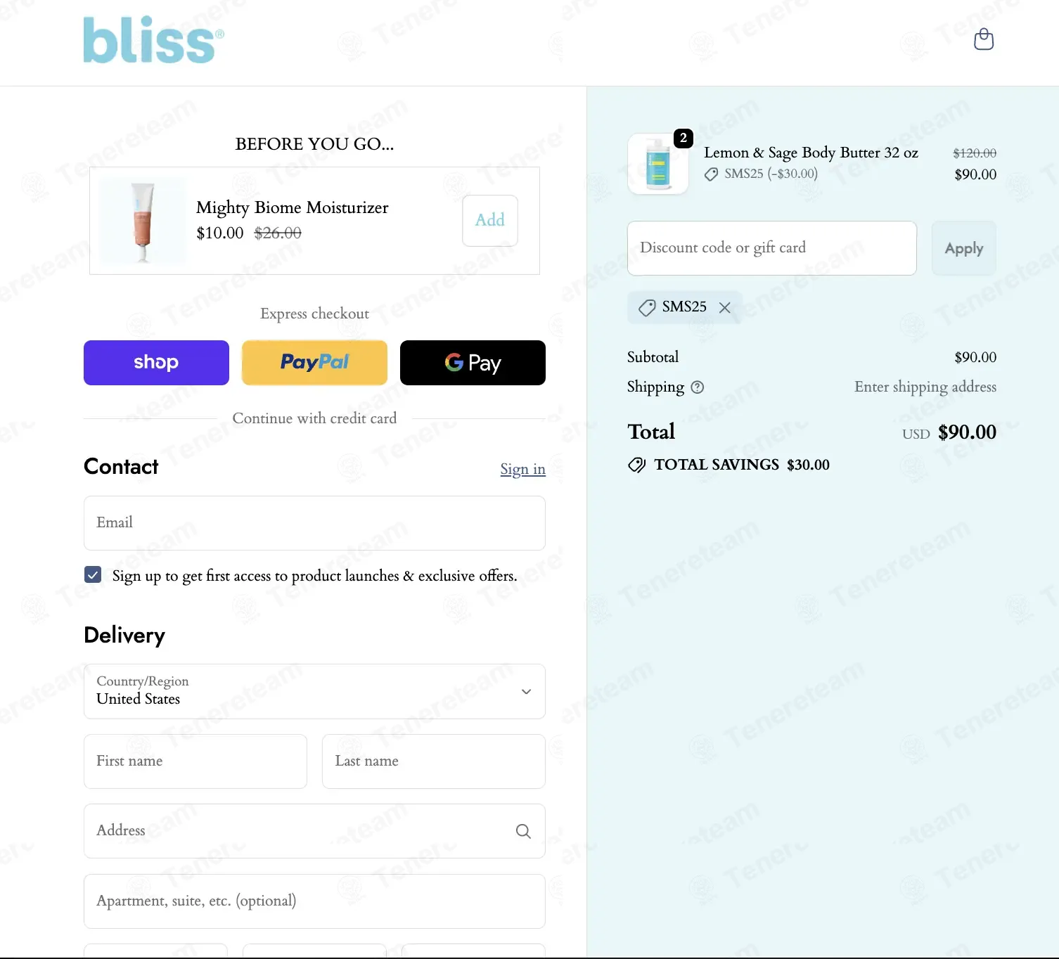 Bliss coupon code: 25% off with SMS25. Tested and valid as 4 days ago.