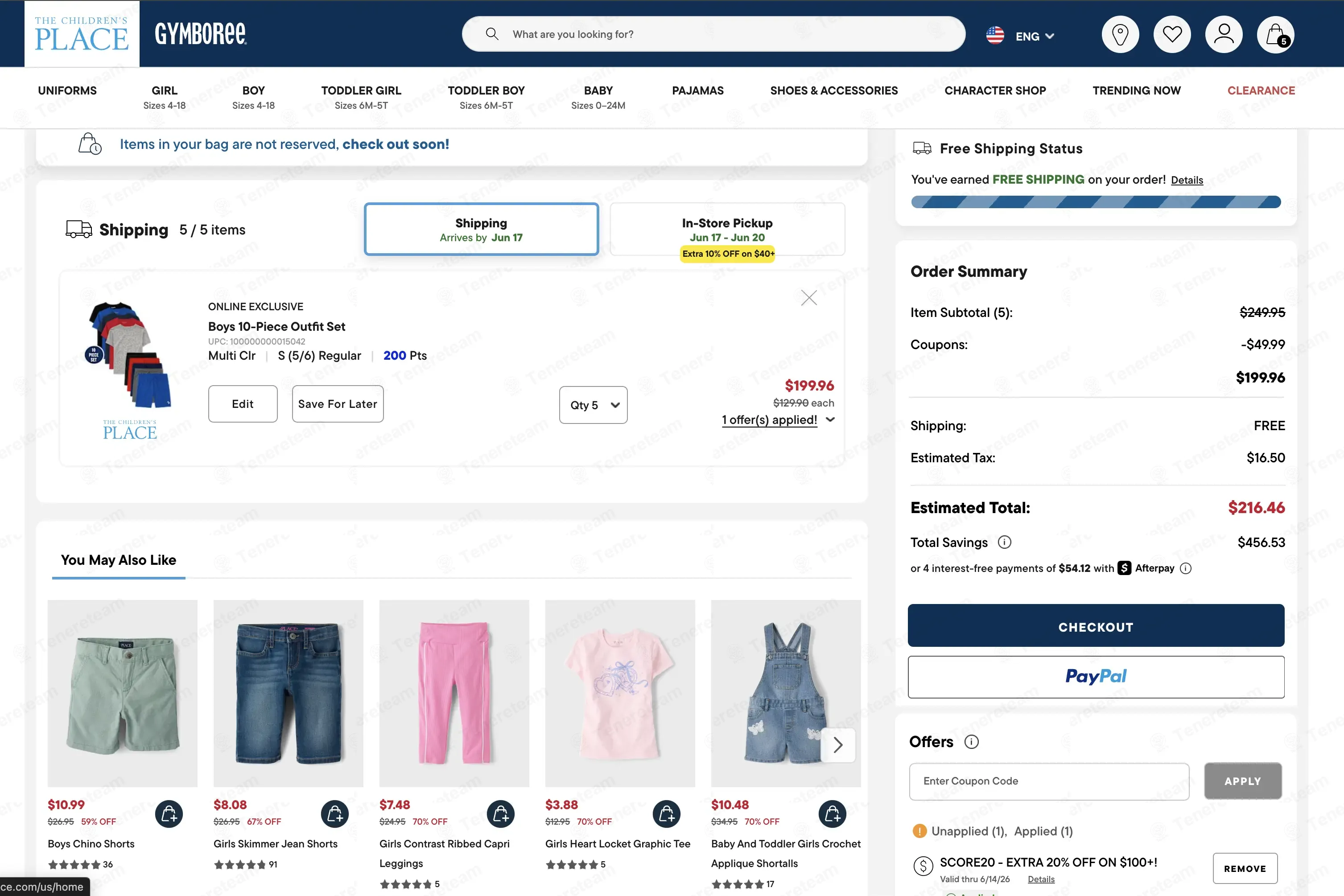 The Children's Place coupon code: 20% off with SCORE20. Tested and valid as 1 month ago.