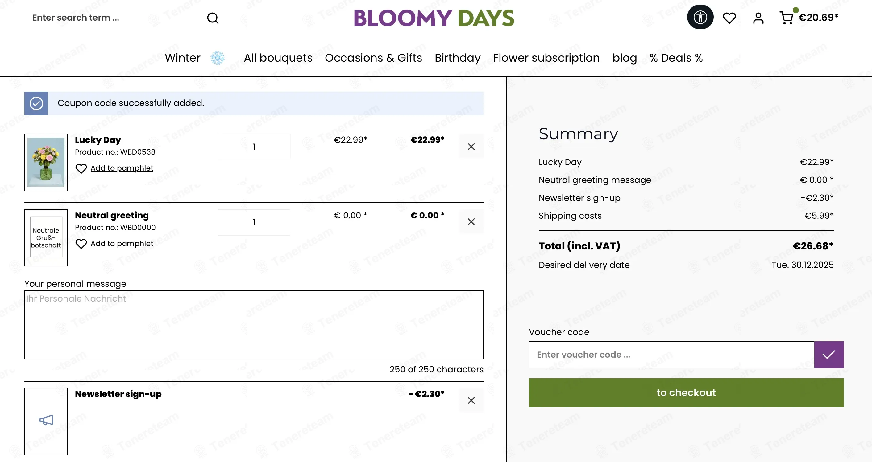 Bloomy Days DE coupon code: 10% off with BD68GJ2020XX. Tested and valid as 2 months ago.