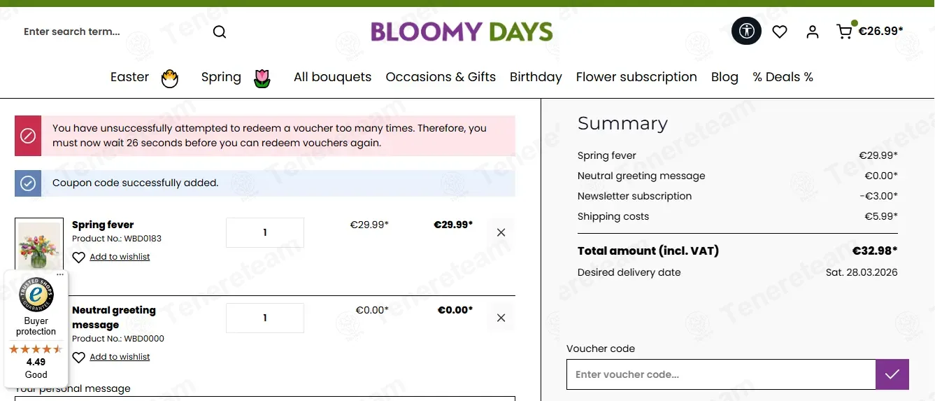 Bloomy Days DE coupon code: 10% off with BD68GJ2020XX. Tested and valid as 2 months ago.