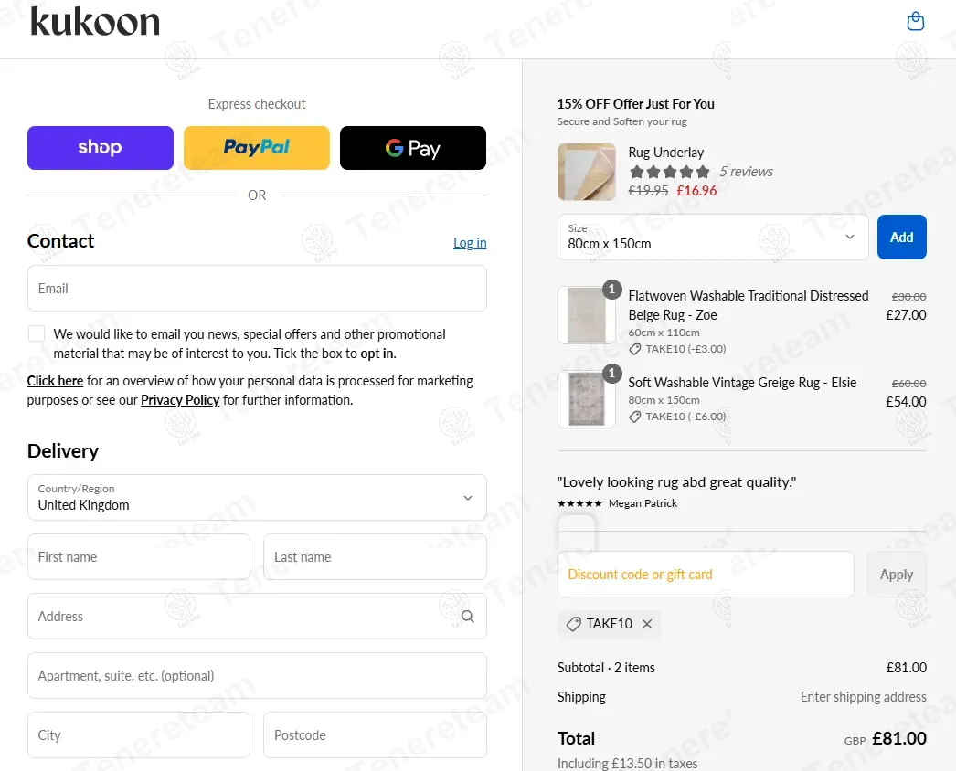 Kukoon Rugs coupon code: 10% off with TAKE10. Tested and valid as 9 months ago.
