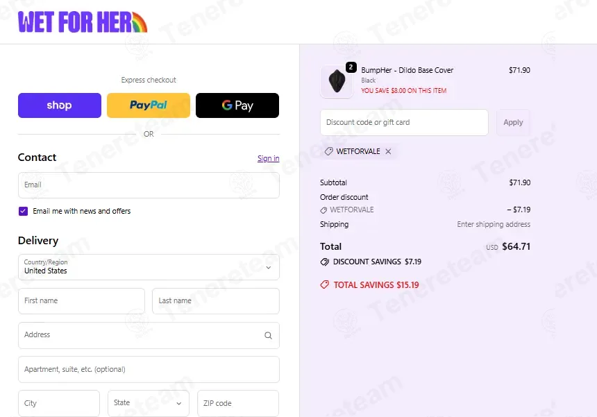 Wet For Her coupon code: 10% off with WETFORVALE. Tested and valid as 4 days ago.