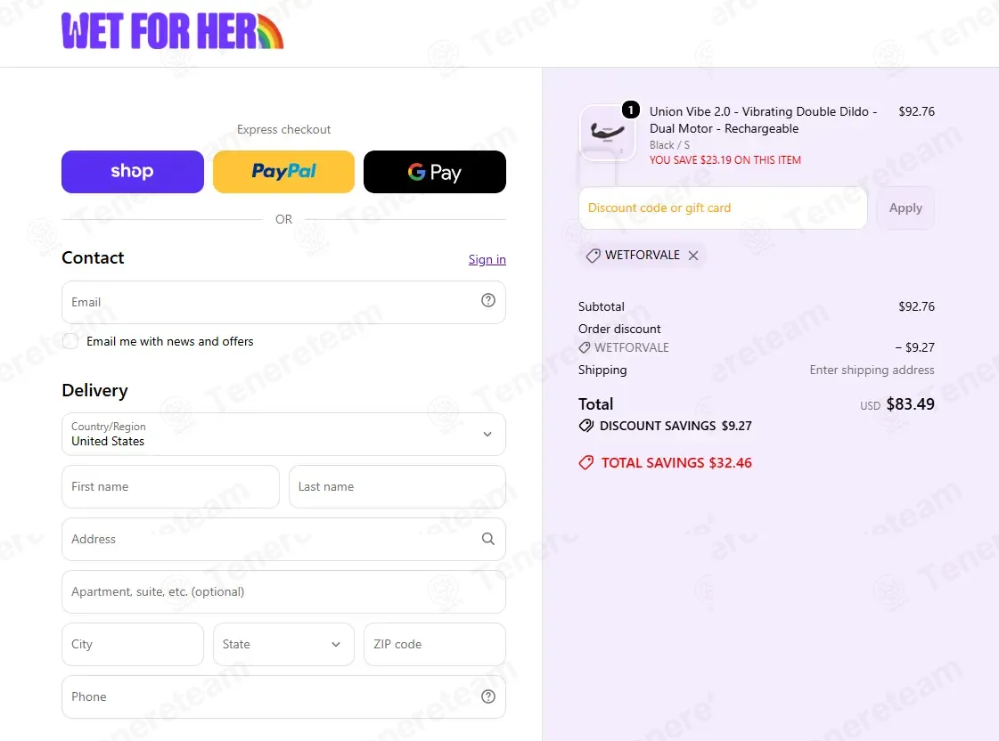 Wet For Her coupon code: 10% off with WETFORVALE. Tested and valid as 4 days ago.