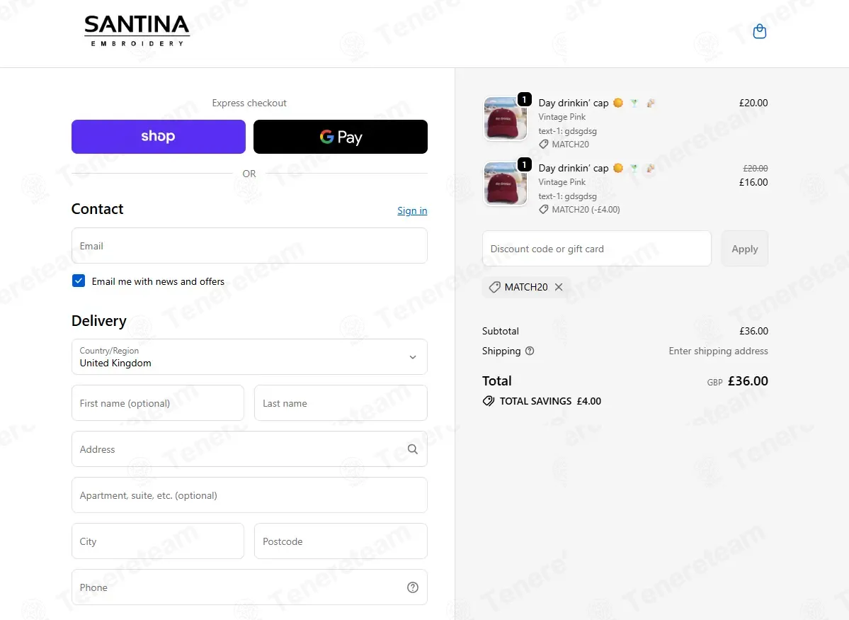 Santina Embroidery coupon code: 20% off with MATCH20. Tested and valid as 4 months ago.
