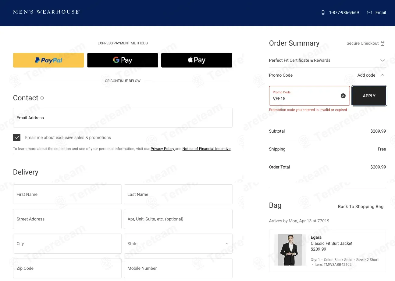 Men's Wearhouse coupon code: 15% off with VEE15. Tested and valid as 1 month ago.