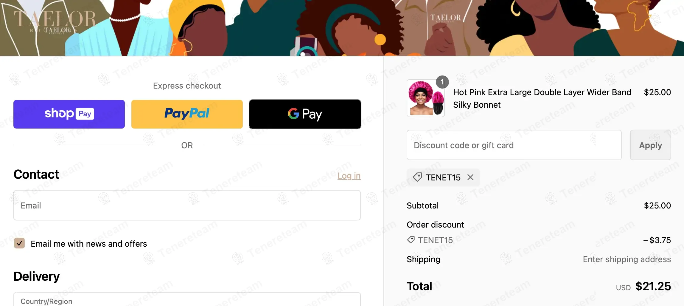 Taelor Boutique coupon code: 15% off with TENET15. Tested and valid as 1 year ago.