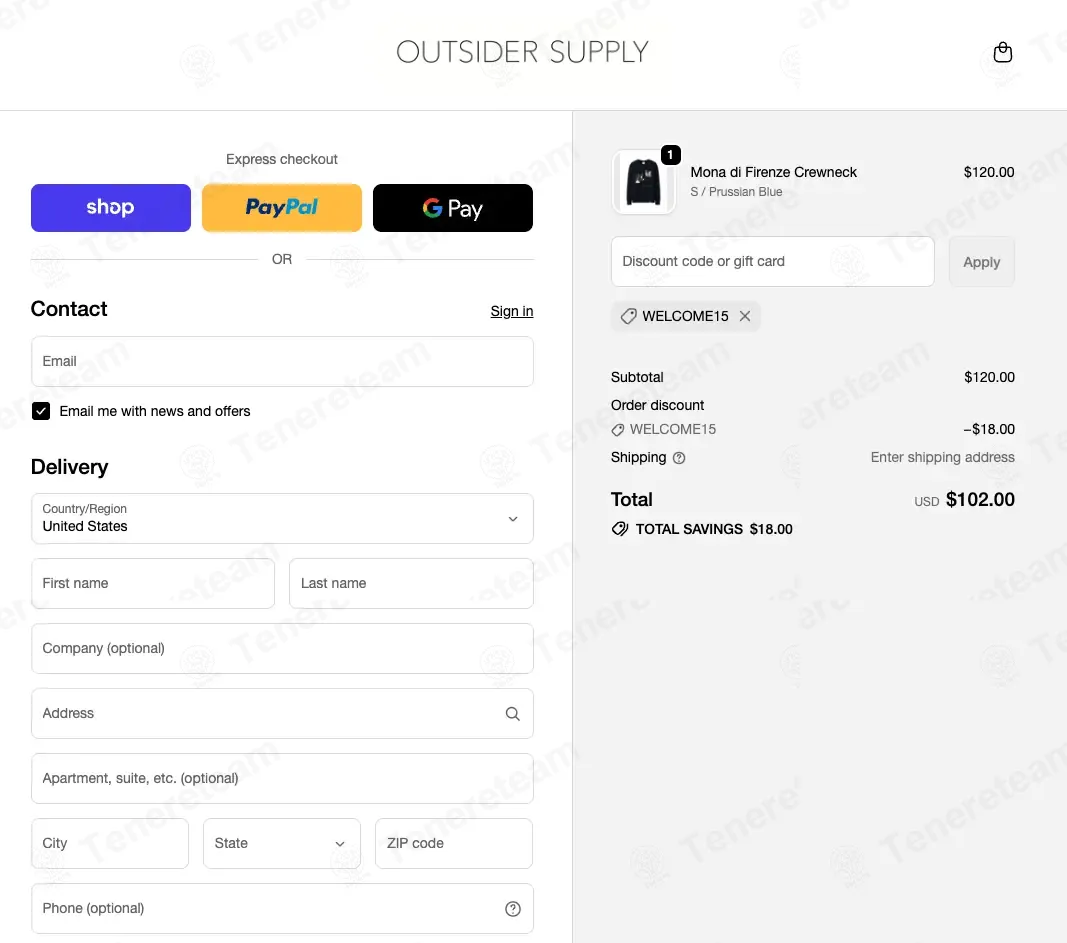 Outsider Supply coupon code: 15% off with WELCOME15. Tested and valid as 4 days ago.
