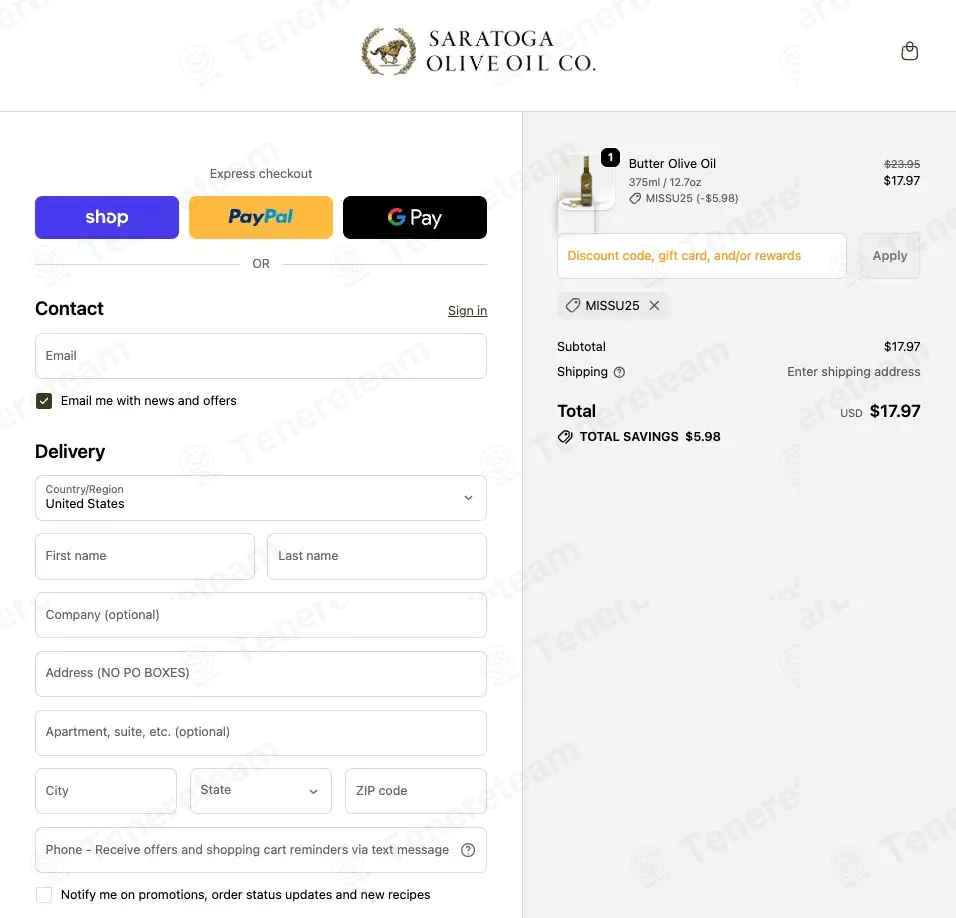 Saratoga Olive Oil coupon code: 25% off with MISSU25. Tested and valid as 4 months ago.