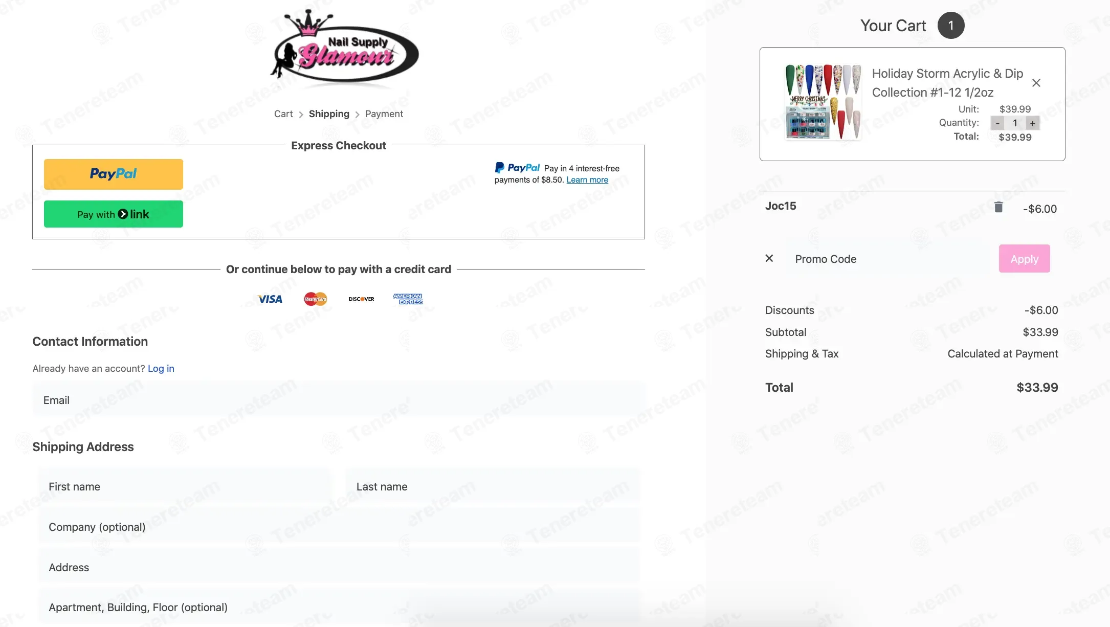 Nail Supply Glamour coupon code: 15% off with JOC15. Tested and valid as 3 weeks ago.