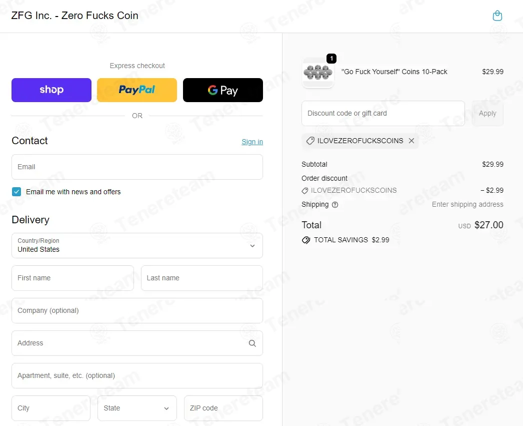 Zero Fucks Given Coins coupon code: 10% off with ILOVEZEROFUCKSCOINS. Tested and valid as 1 month ago.