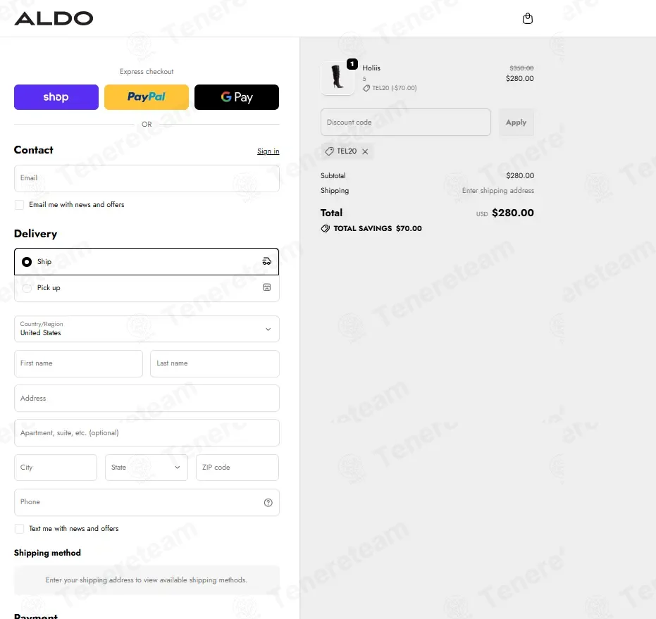 Aldo coupon code: 20% off with TEL20. Tested and valid as 1 week ago.
