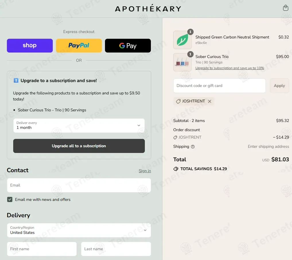 Apothekary coupon code: 15% off with JOSHTRENT. Tested and valid as 9 months ago.