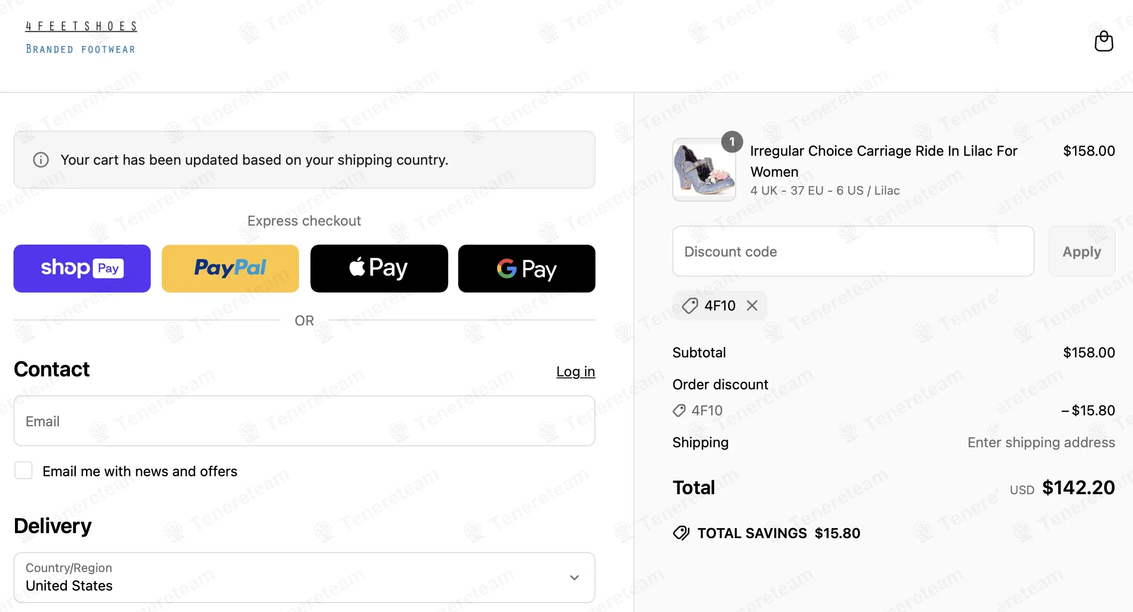 4feetshoes coupon code: 10% off with 4F10. Tested and valid as 1 year ago.