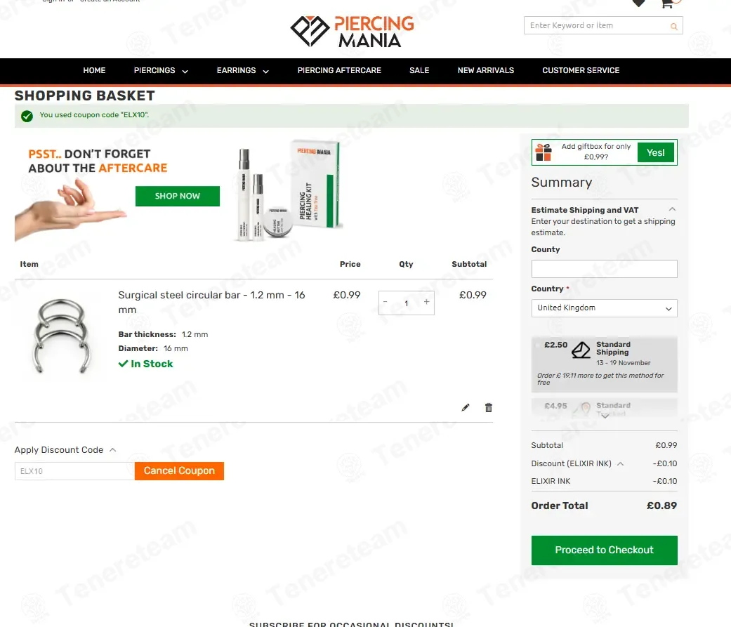 Piercing Mania coupon code: 10% off with ELX10. Tested and valid as 7 months ago.