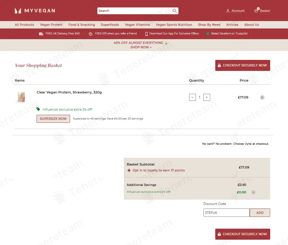 Myvegan coupon code: 5% off with STEFUK. Tested and valid as 8 months ago.