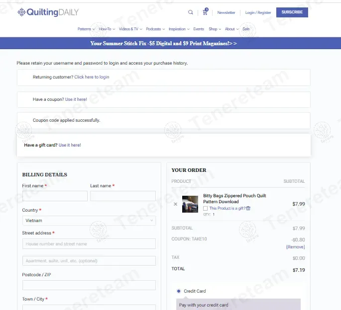 Quilting Daily coupon code: 10% off with TAKE10. Tested and valid as 9 months ago.