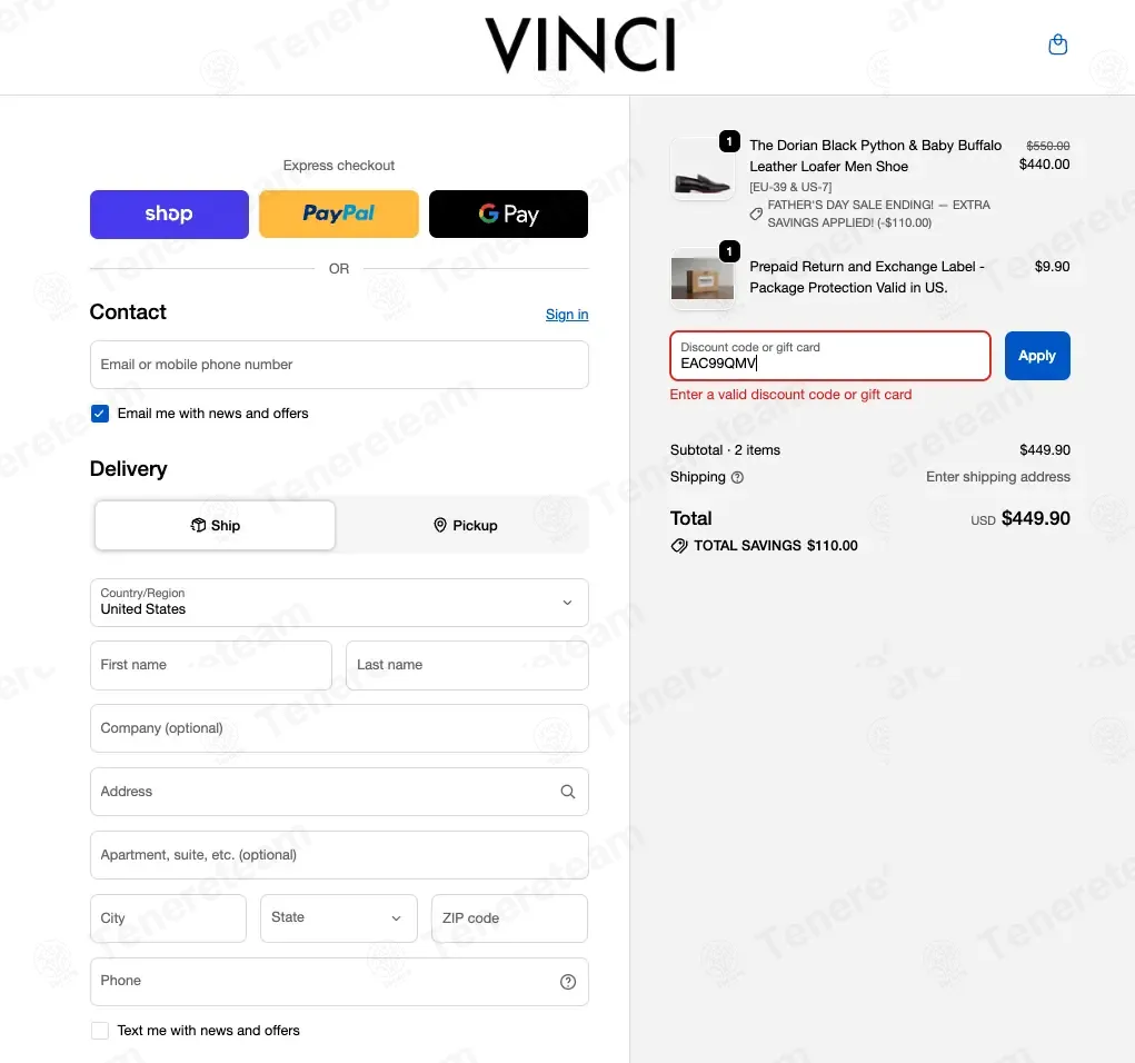 Vinci Leather Shoes coupon code: 10% off with EAC99QMV. Tested and valid as 1 month ago.