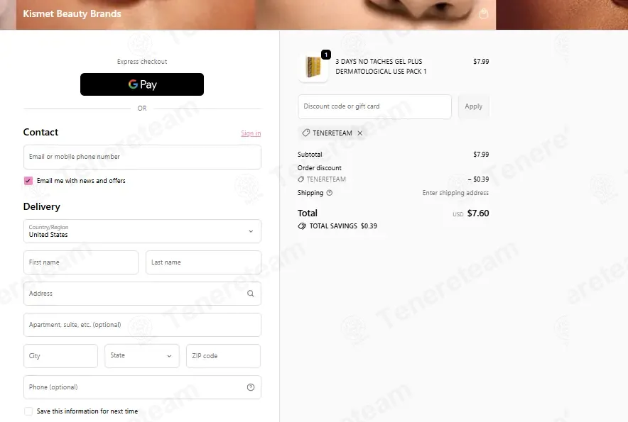 Kismet Beauty Brands coupon code: 5% off with TENERETEAM. Tested and valid as 3 months ago.