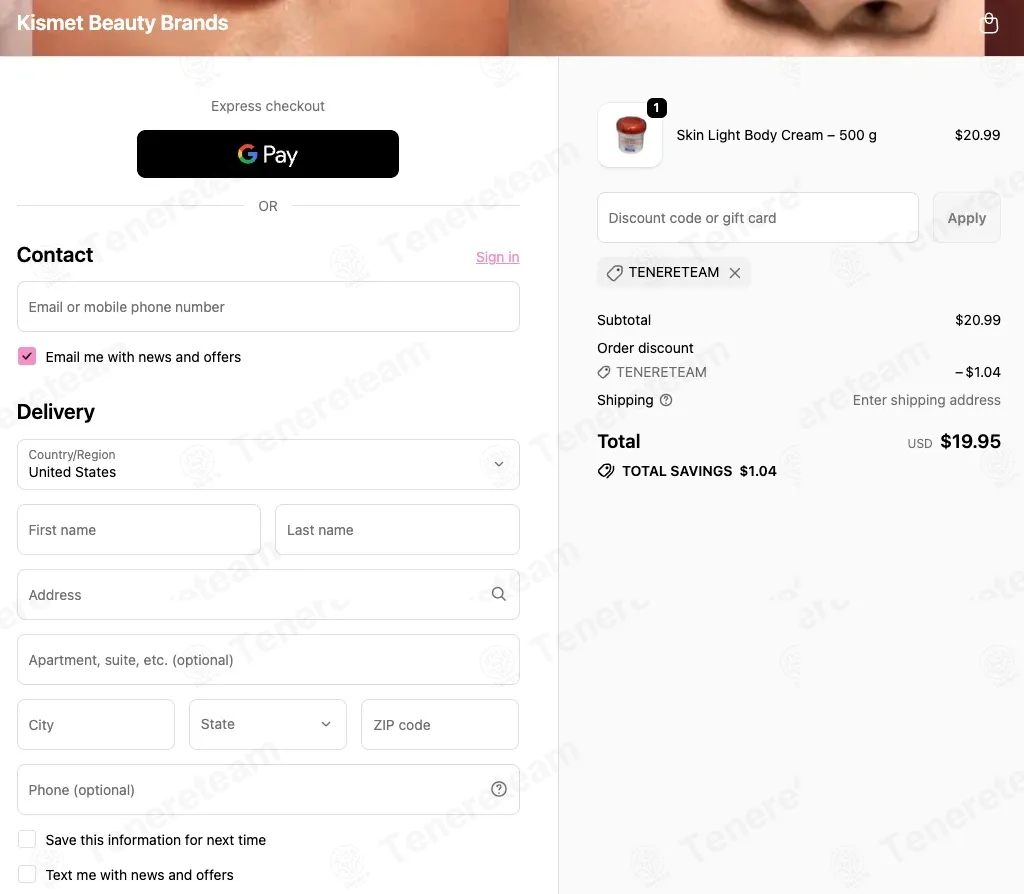 Kismet Beauty Brands coupon code: 5% off with TENERETEAM. Tested and valid as 3 months ago.