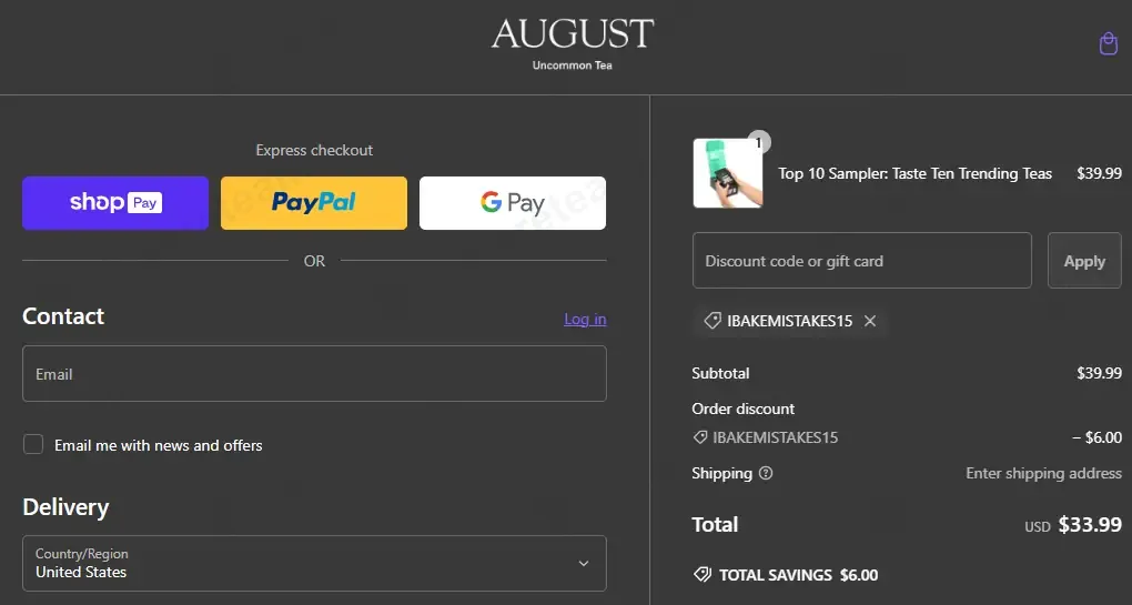 August Uncommon Tea coupon code: 15% off with IBAKEMISTAKES15. Tested and valid as 1 year ago.
