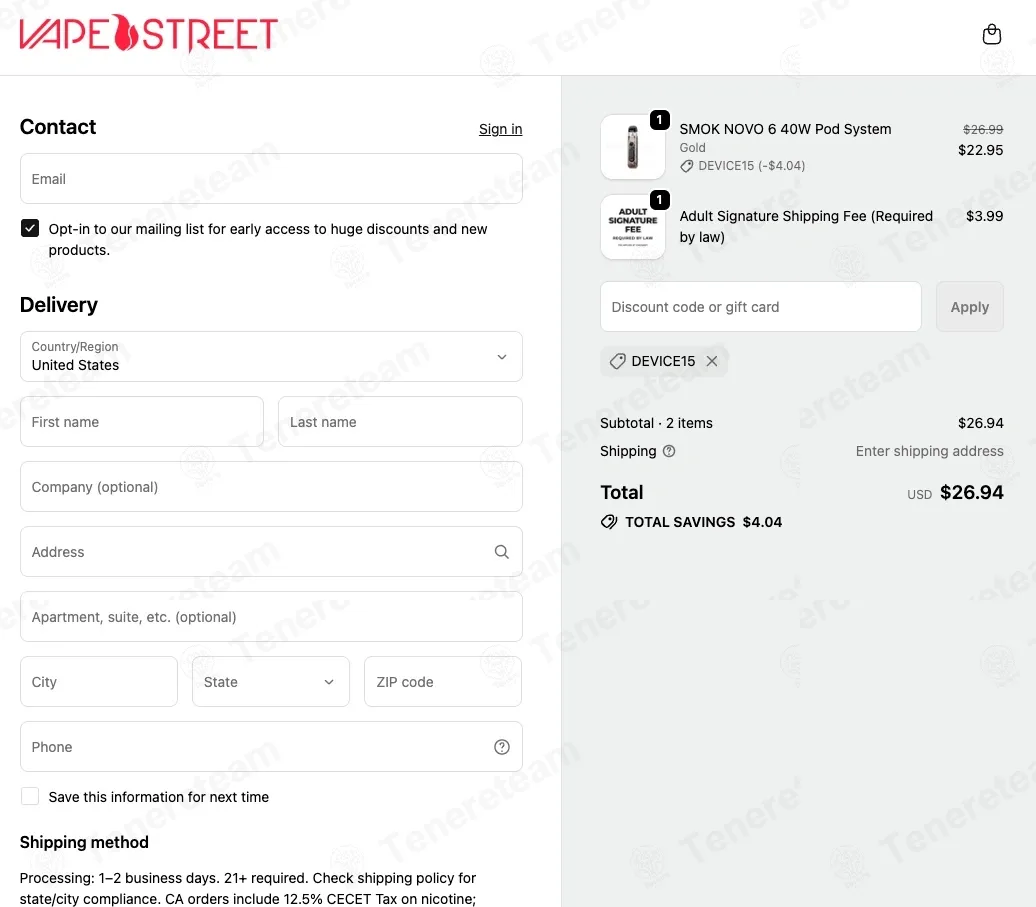 Vape Street coupon code: 15% off with DEVICE15. Tested and valid as 1 month ago.