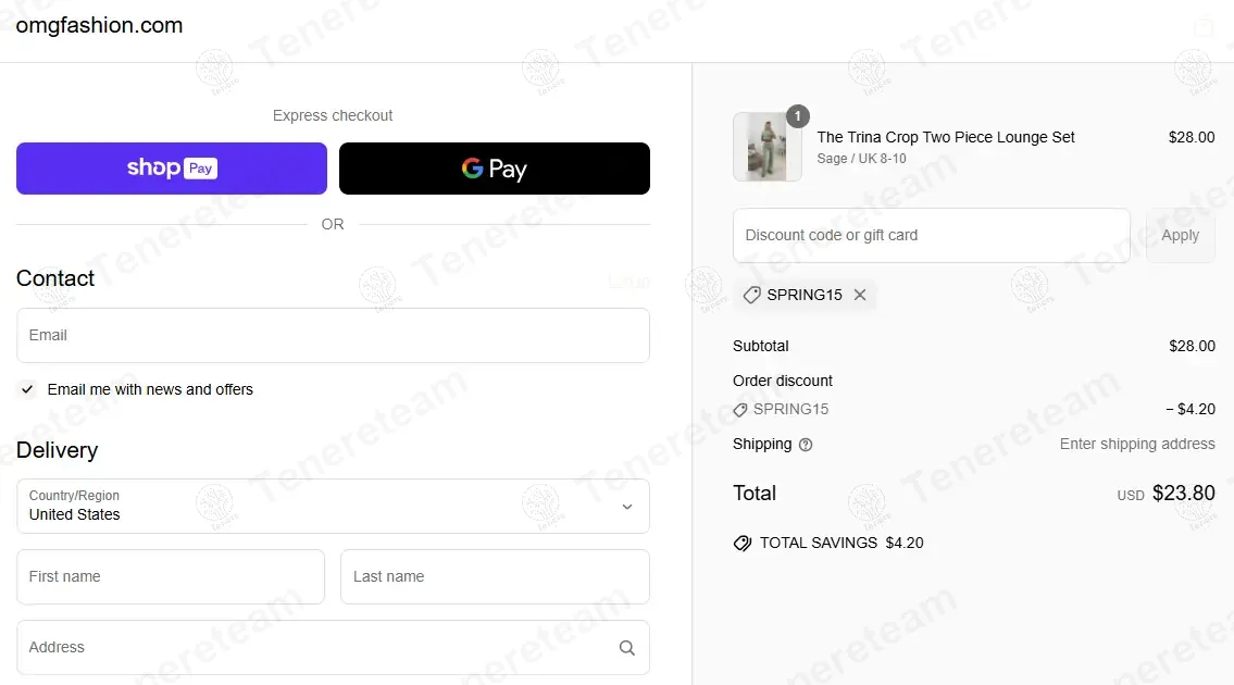 Omg Fashion coupon code: 15% off with SPRING15. Tested and valid as 1 year ago.