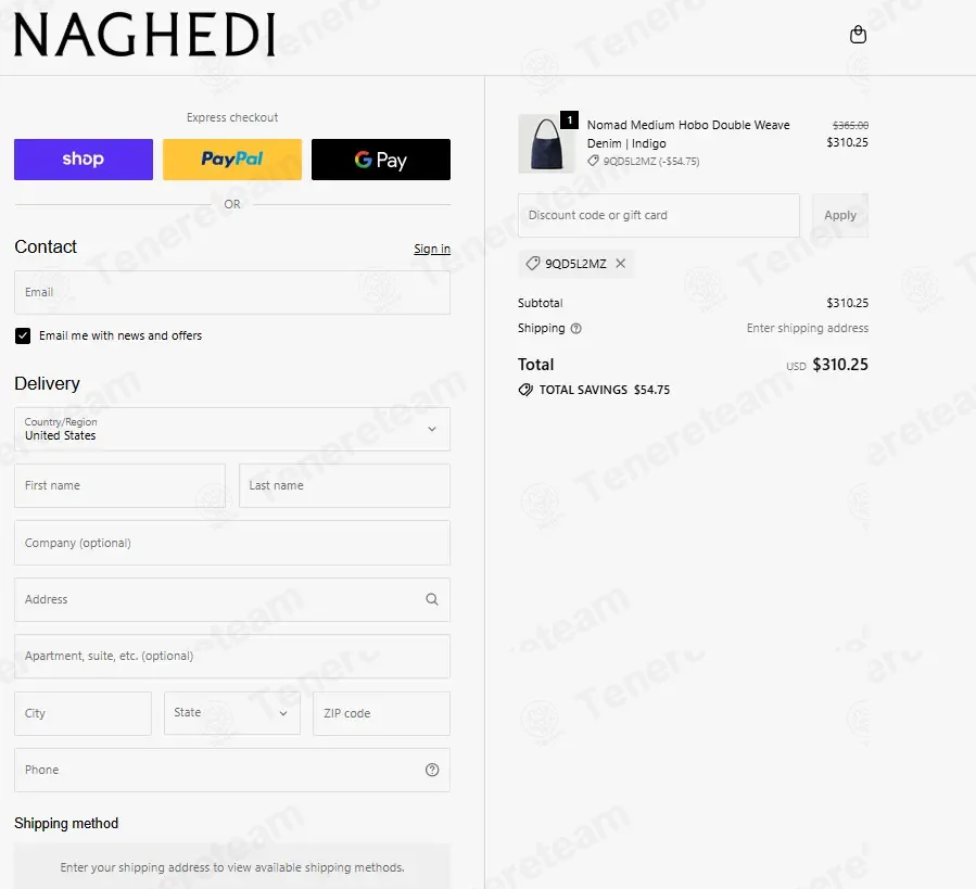 Naghedin NYC coupon code: 15% off with 9QD5L2MZ. Tested and valid as 3 months ago.