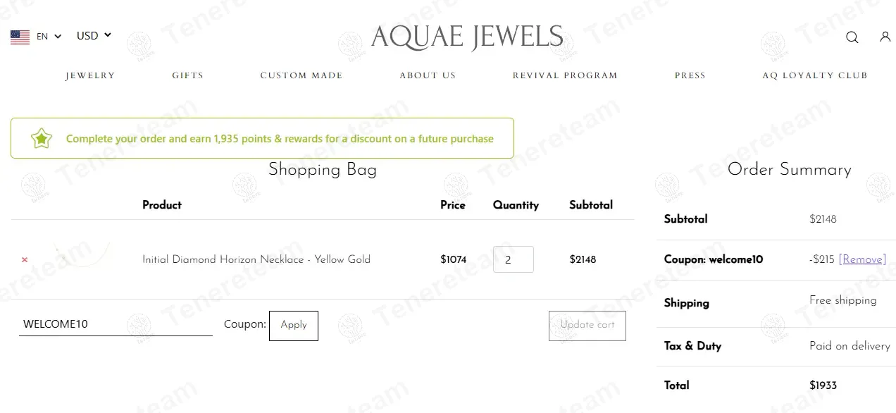 Aquae Jewels coupon code: 10% off with WELCOME10. Tested and valid as 1 year ago.