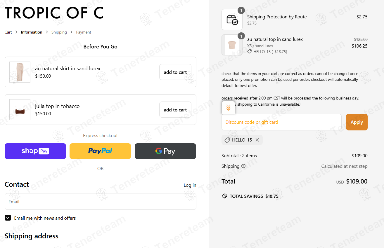 Tropic Of C coupon code: 15% off with HELLO-15. Tested and valid as 1 year ago.