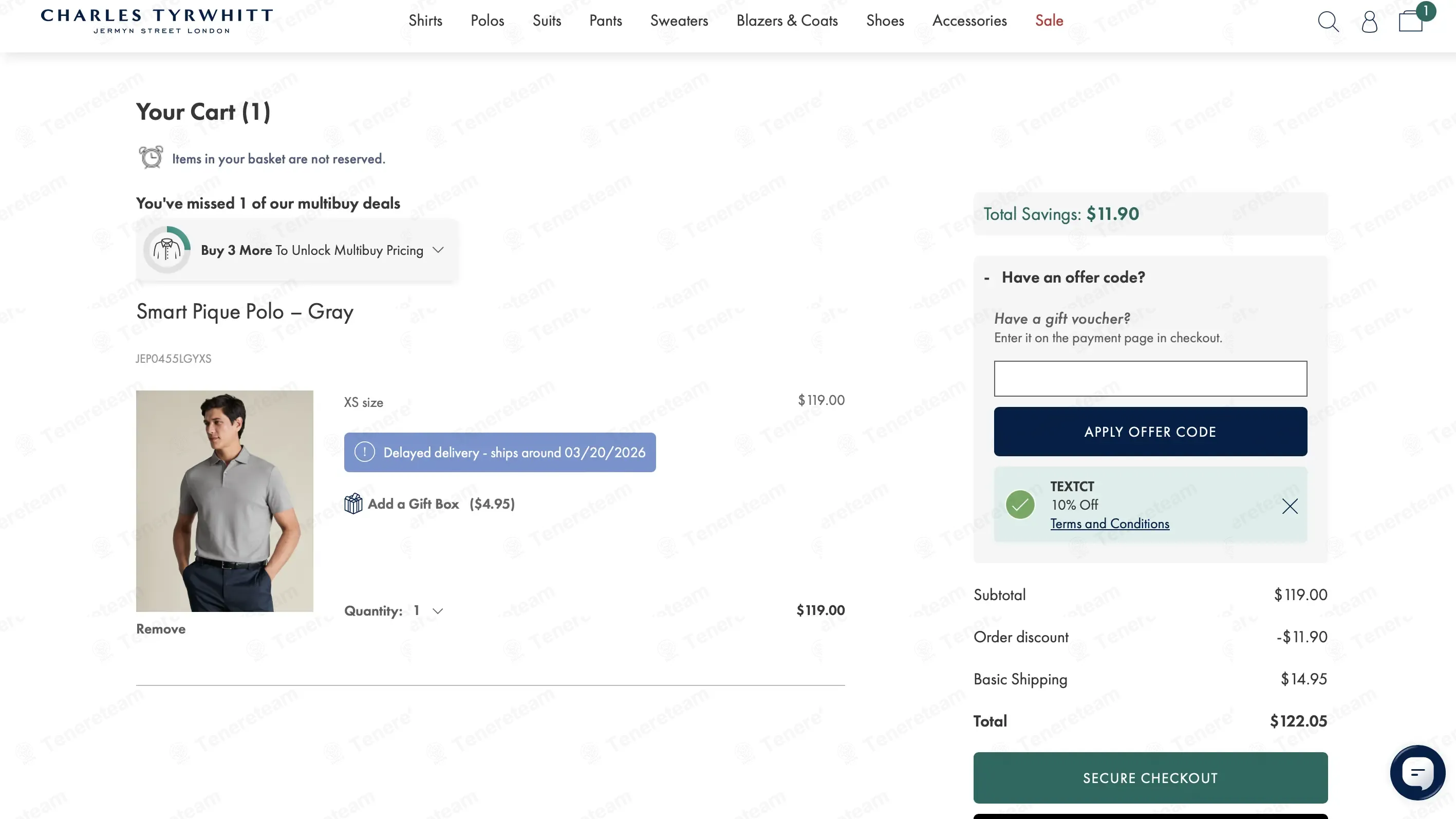 Charles Tyrwhitt coupon code: 10% off with TEXTCT. Tested and valid as 5 months ago.