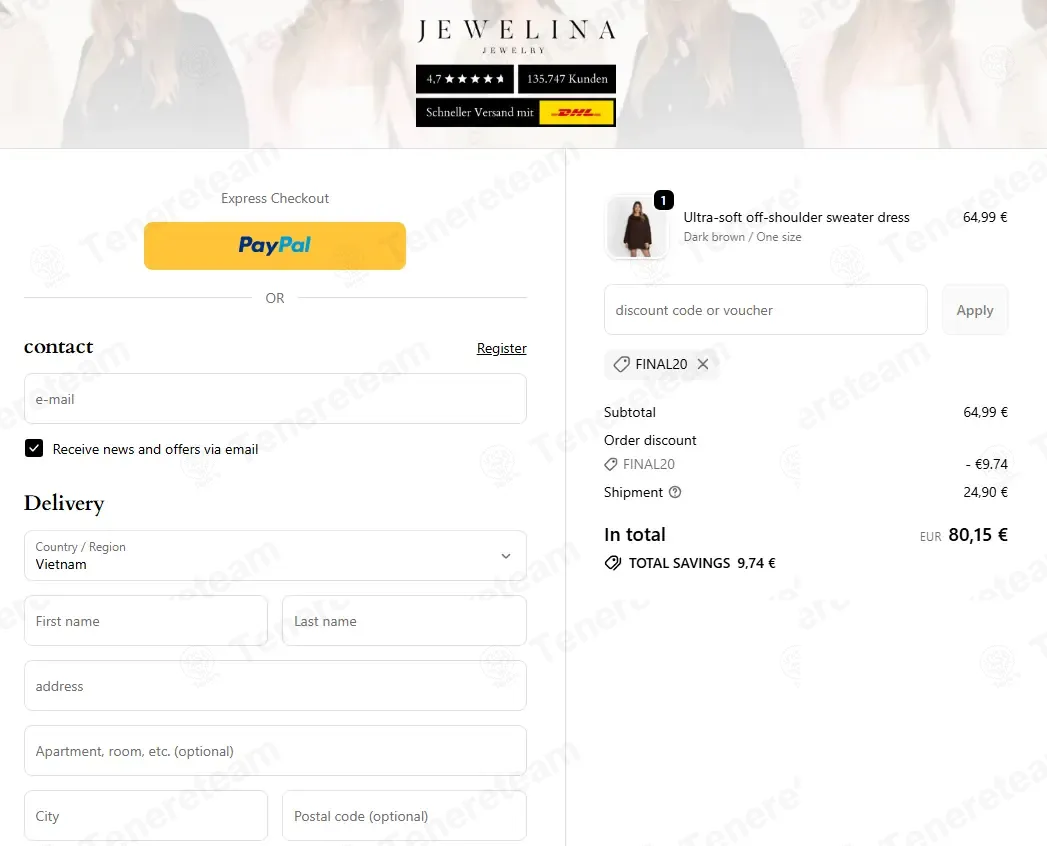 Jewelina coupon code: 15% off with FINAL20. Tested and valid as 1 month ago.