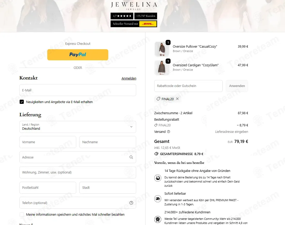 Jewelina coupon code: 15% off with FINAL20. Tested and valid as 1 month ago.