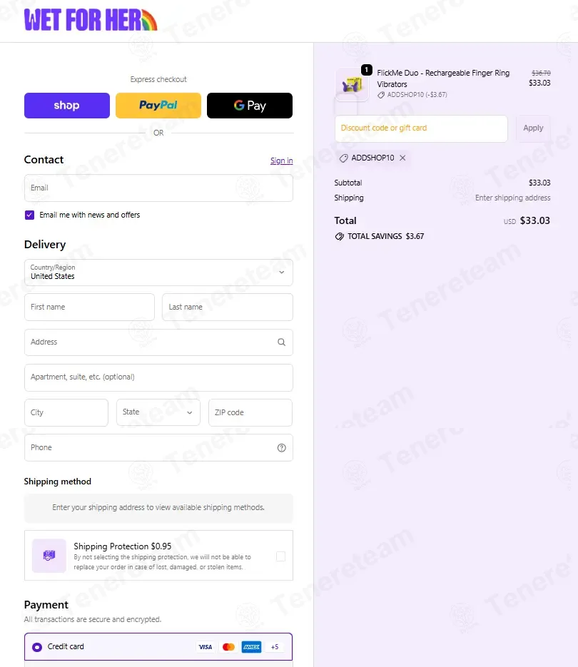 Wet For Her coupon code: 10% off with ADDSHOP10. Tested and valid as 4 days ago.