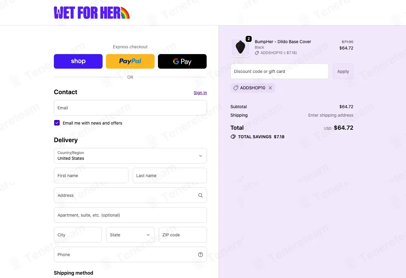 Wet For Her coupon code: 10% off with ADDSHOP10. Tested and valid as 4 days ago.