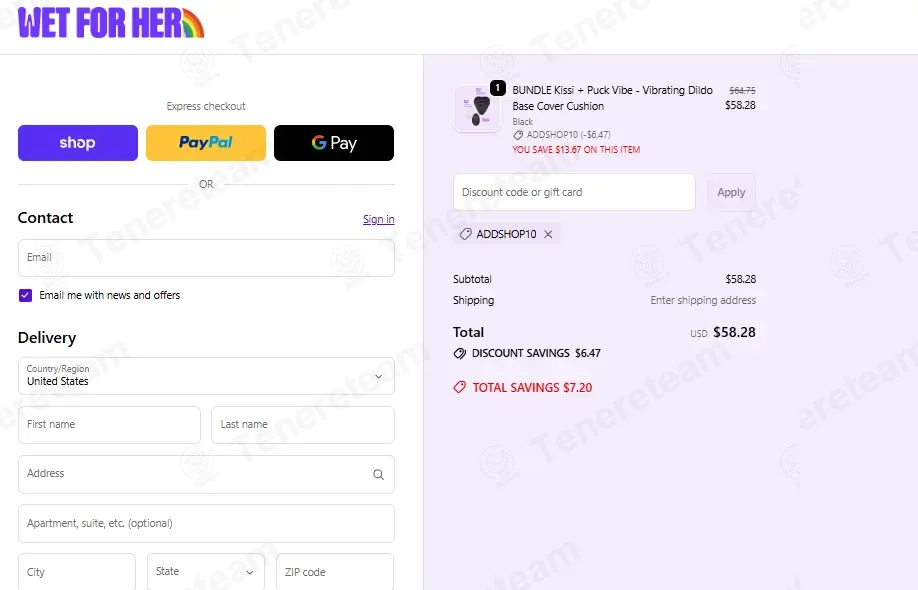 Wet For Her coupon code: 10% off with ADDSHOP10. Tested and valid as 4 days ago.