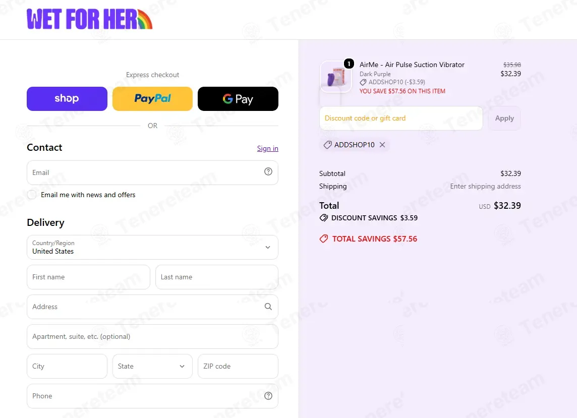 Wet For Her coupon code: 10% off with ADDSHOP10. Tested and valid as 4 days ago.