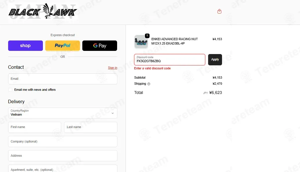 BlackHawkJapan coupon code: 10% off with FK3Q2GTB6ZBQ. Tested and valid as 5 months ago.