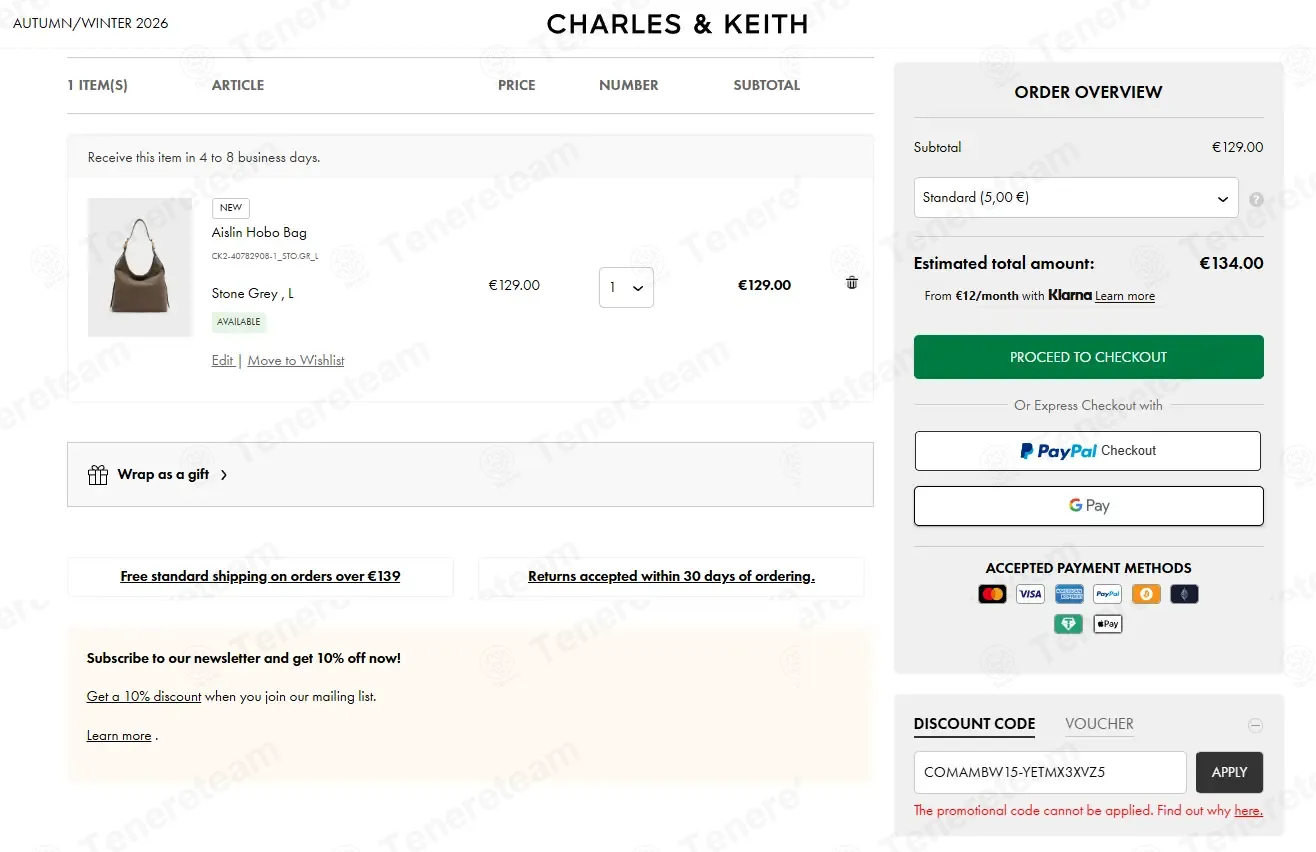 Charles And Keith EU coupon code: 15% off with COMAMBW15-YETMX3XVZ5. Tested and valid as 3 weeks ago.