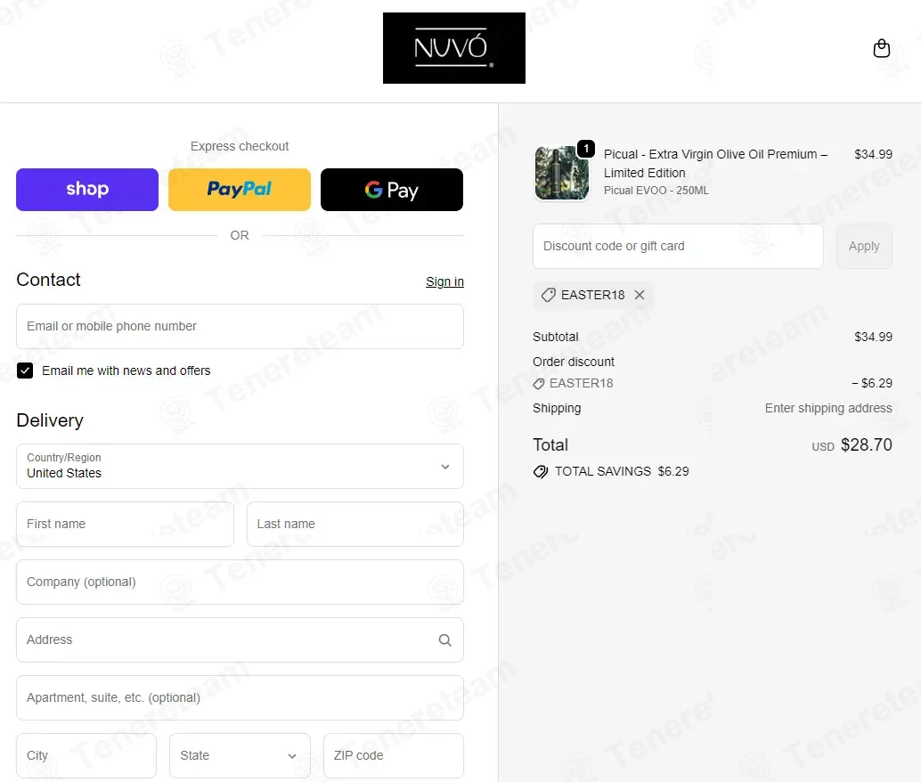 Nuvo Olive Oil coupon code: 18% off with EASTER18. Tested and valid as 1 month ago.