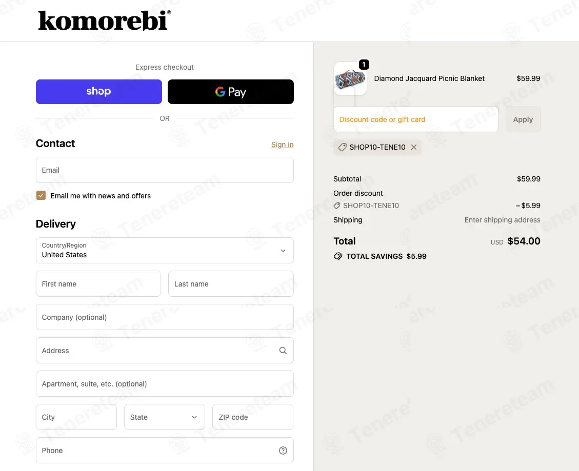The Komorebi Collection coupon code: 10% off with SHOP10-TENE10. Tested and valid as 1 month ago.