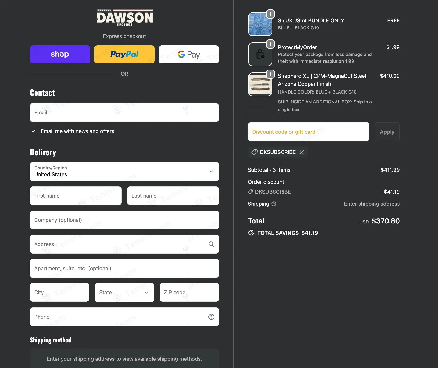 Dawson Knives coupon code: 10% off with DKSUBSCRIBE. Tested and valid as 8 months ago.