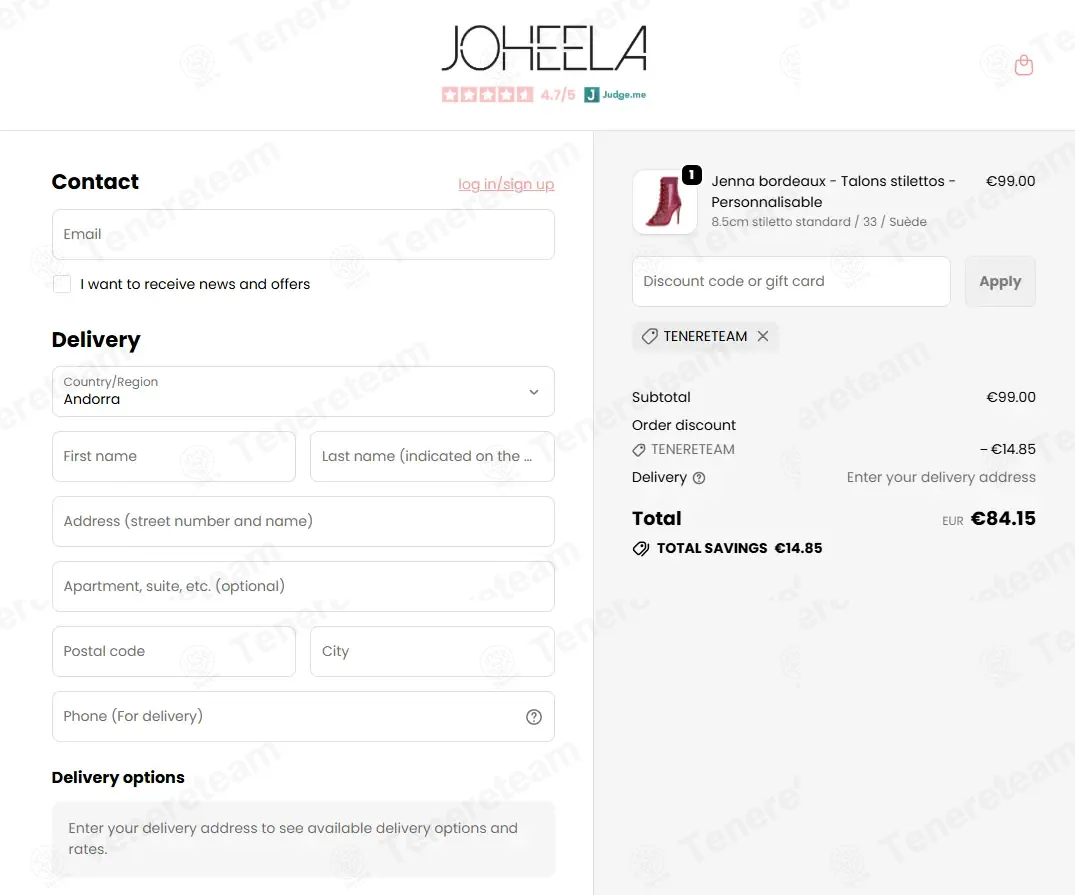 Joheela Shop coupon code: 15% off with TENERETEAM. Tested and valid as 1 month ago.