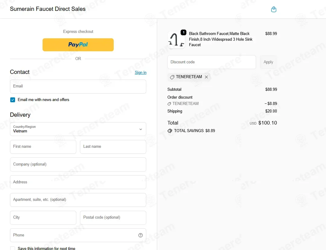 Sumerain Faucet Direct Sales coupon code: 10% off with TENERETEAM. Tested and valid as 1 week ago.